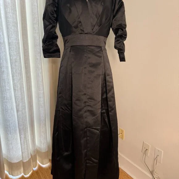 NEW Black Heavy Satin Collared Old Hollywood Vintage Long Dress Gown - Picture 2 of 5